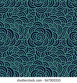 Graphic ornament. Fish skin texture. Vector seamless pattern with abstract scale. Oriental waves. Abstract flowers.