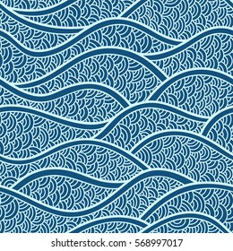 Graphic ornament. Fish skin texture. Vector seamless pattern with abstract scale. Oriental waves.