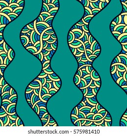 Graphic ornament. Fish skin texture. Vector seamless pattern with abstract scale. Oriental waves.