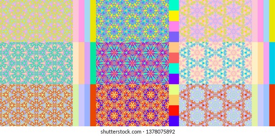 Graphic ornament pattern set. Neon Kaleidoscope. Paper, fabric, print, cover, bumper, background.
