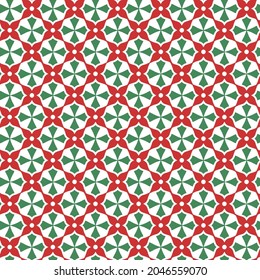 Graphic ornamental geometric seamless pattern. Elegant texture with floral shapes, diamonds, octagons, repeat tiles. Abstract ornament in oriental style. Simple background in red and green.