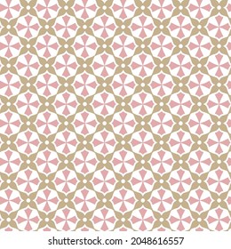 Graphic ornamental geometric seamless pattern. Elegant texture with floral shapes, diamonds, octagons, repeat tiles. Abstract ornament in oriental style. Simple background in beige and pink.