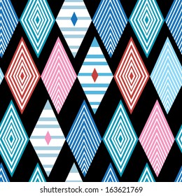 graphic ornamental pattern of colored diamonds on a black background