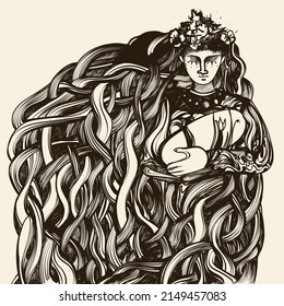 Graphic ornate portrait of woman with long curly hair and baby on her hand, tribal culture stylized artwork.