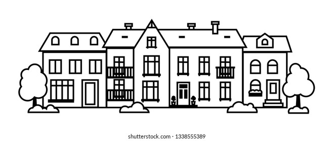 Graphic outline of Amsterdam style houses. Black silhouette of typical dutch view. Stylized facade of old building. Wood carving vector template. Isolated flat design for banner, white vintage card.