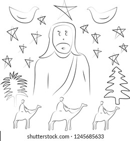  graphic outline of Jesus and Christmas trees with camel, star and dove for Christmas decoration story