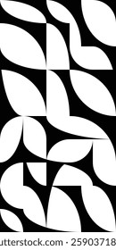 Graphic overlap black and white composition of simple shapes in modular grid. Bauhaus pattern, minimal design with sharp and smooth curve lines, petals and semicircles details. Vector background