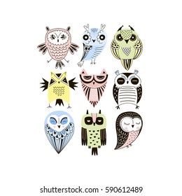 graphic owls set 