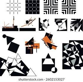 graphic pack with a selection of various compositions: contrast, inversion, intersection, transformation, displacement, touch, structure breaking, etc.