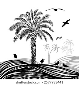 Graphic palm tree with seagulls. hand drawn. Not AI, Vector illustration.