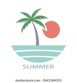 A graphic of a palm tree sun and waves with the word summer