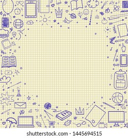 Graphic paper background. Checkered texture. Back to school. Set of different signs. Hand drawn elements. Welcome back to school design. Abstract banner