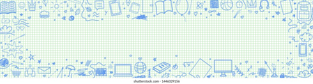 Graphic paper background. Checkered texture. Back to school. Set of different signs. Hand drawn elements. Welcome back to school design. Abstract banner