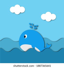 Graphic papercut for kindergarden school kid and baby which use as teacher material, Cute whale papercut swim in the sea.
