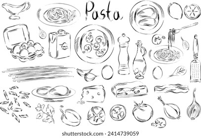 Gráfico de pasta dibujada a mano ilustraciones vectoriales. Ingredientes para un restaurante italiano o comida mediterránea. Spaghetti y ravioli elementos gastronómicos pinchan el arte. Delicioso aperitivo italiano 