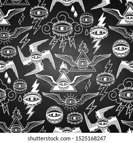 Graphic pattern of all-seeing eye with wings, clouds, and falming triangle. Vector art for old school tattoo design