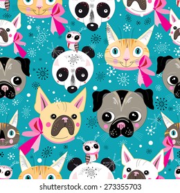 Graphic pattern of animals portraits against a bright background with snowflakes


