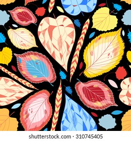 graphic pattern of autumn leaves on a black background