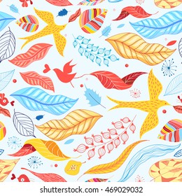 Graphic pattern of birds autumn colored leaves
