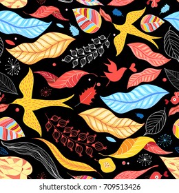 Graphic pattern of birds autumn colored leaves
