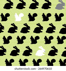 Graphic pattern with black squirrel and rabbit