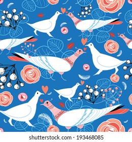 graphic pattern with bright flowers and birds in love on a blue background  