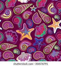 Graphic pattern with colorful seashells and stars on purple background. Hand drawing. Seamless for fabric design, gift wrapping paper and printing and web projects.