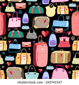 graphic pattern of different bags on a black background