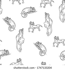 Graphic pattern with different lizards on a white background for textiles, wrapping paper, postcards and other products.