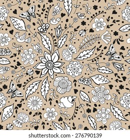 Graphic pattern with doodle flowers and cute animals on a beige background. Doodling design.  Can be used for cards, invitations, fabrics, wallpapers, ornamental template for design and decoration.