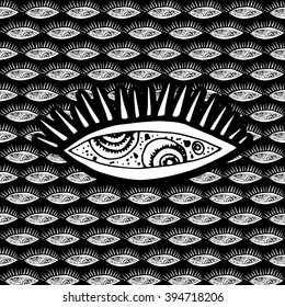 Graphic pattern of eye reflecting cosmos. Suitable for fabric, texture, wallpaper. Vector Illustration
