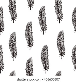 graphic pattern feathers. Vintage seamless pattern with hand-drawn feathers. tribal & Boho style