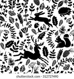 Graphic pattern of forest with animals and leaves.  Endless texture. Seamless pattern can be used for textile, wallpaper, wrapping paper, web design.