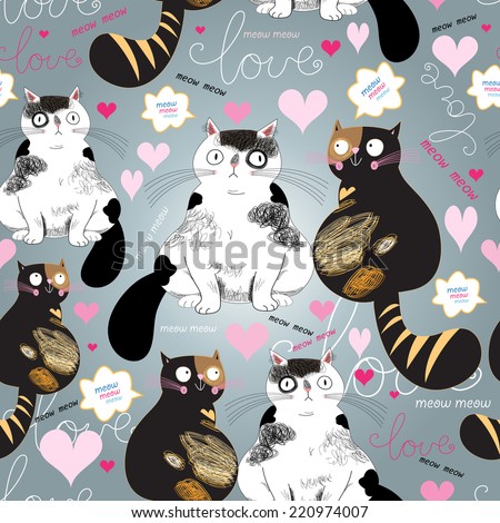 graphic pattern with funny enamored cats on a gray background  