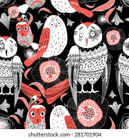 graphic pattern funny owl on a black background