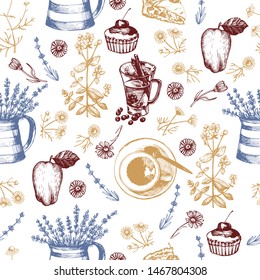 Graphic pattern with herbal tea and herbs. Vector illustration. Seamless pattern for decorating various surfaces. Manual graphics.