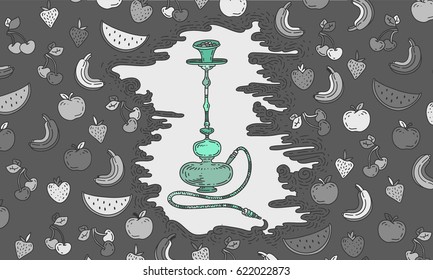 Graphic pattern for hookah. Different taste, apple, banana, watermelon, cherry. Smoke, relaxation, recreation in company of friends like sultan.