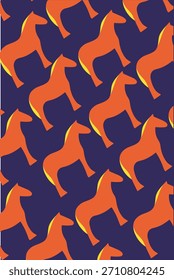 Graphic pattern of horses character in orange and yellow on purple background