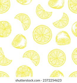 Graphic pattern with lemon, lemon slices with. Seamless pattern with summer lemons, hand-drawn in ink. Vector background with citrus fruits. Yellow lemons