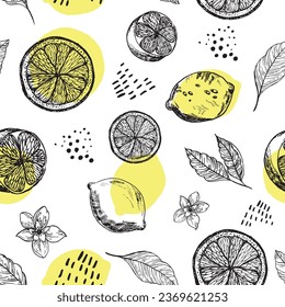 Graphic pattern with lemons, lemon slices with flowers. Seamless pattern with summer lemons, hand-drawn in ink. Yellow lemons seamless background