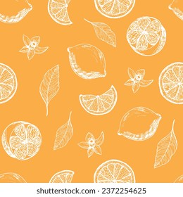 Graphic pattern with lemons, lemon slices with flowers. Seamless pattern with summer lemons, hand-drawn in ink. Vector background with citrus fruits and flowers, branches. Yellow lemons