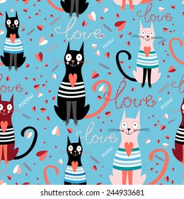 graphic pattern in love funny cats on a blue background with hearts