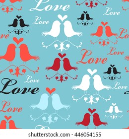 Graphic pattern of lovers birds on a blue background

