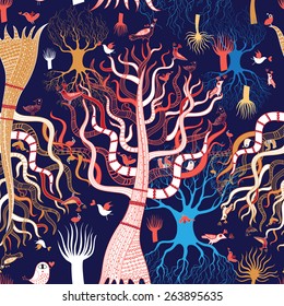 graphic pattern magic tree with birds in love on a blue background