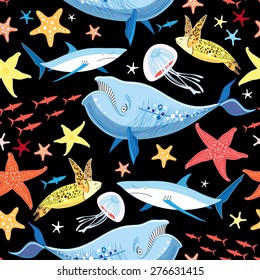 graphic pattern of marine animals on a black background
