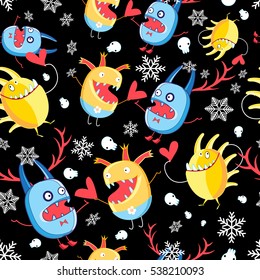 Graphic pattern with monsters in love on a dark background with snowflakes