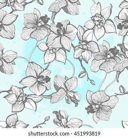 Graphic pattern with orchids.  Hand drawn gentle background. Seamless pattern for fabric, paper and other printing and web projects.