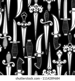 Graphic pattern of ornate old school knifes.Vector seamless pattern. Coloring book page for adults and kids