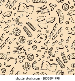 Graphic pattern of Pasta. Vector illustration. Manual graphics. Endless ornament for a variety of decorative surfaces. 