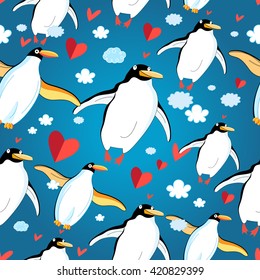 Graphic pattern of penguin lovers on a blue background with hearts